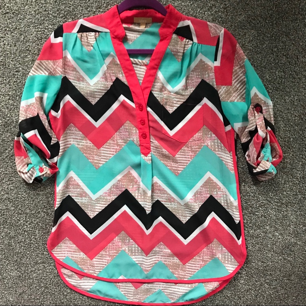 Bright coral and aqua chevron tunic by Takara - S